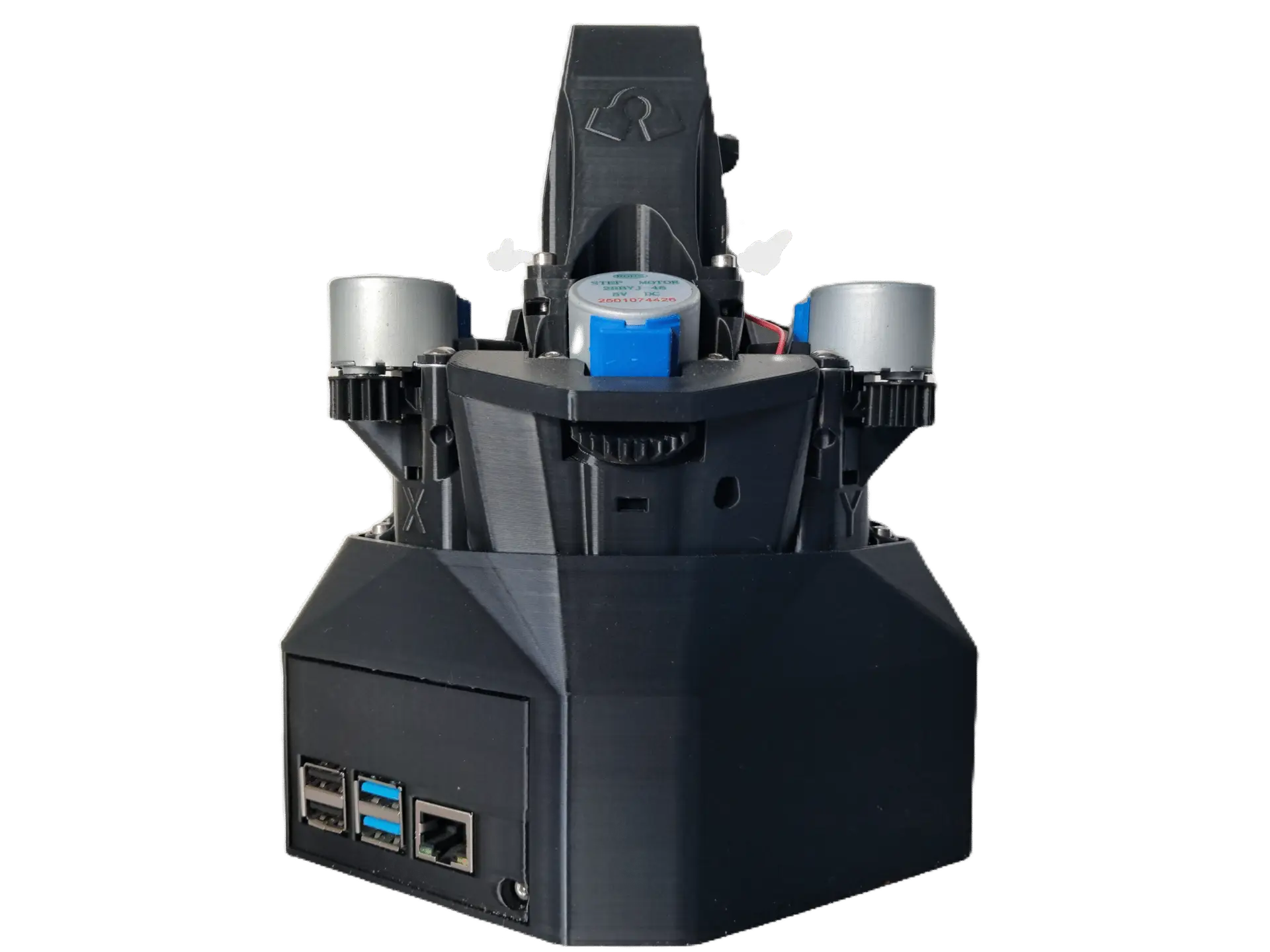 Front view of an OpenFlexure Microscope featuring USB ports, stepper motors, and a modular 3D-printed structure.
